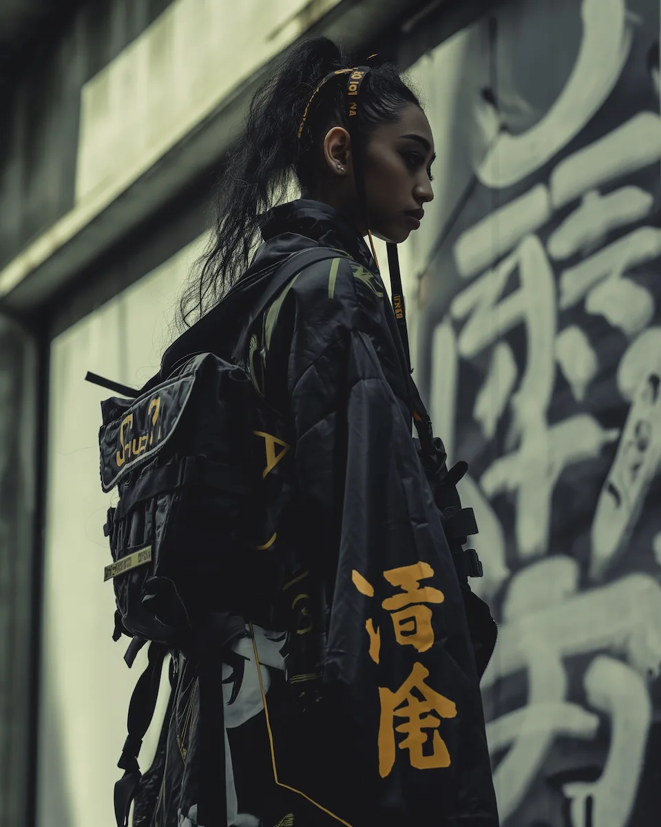A model in Urban Samurai Fusion attire, where traditional samurai elegance meets modern urban style